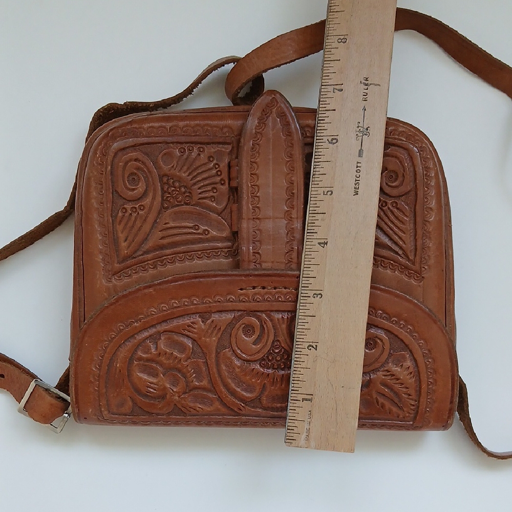 Vintage Tooled Brown Leather Crossbody Shoulder Bag Western Boho - Picture 14 of 16